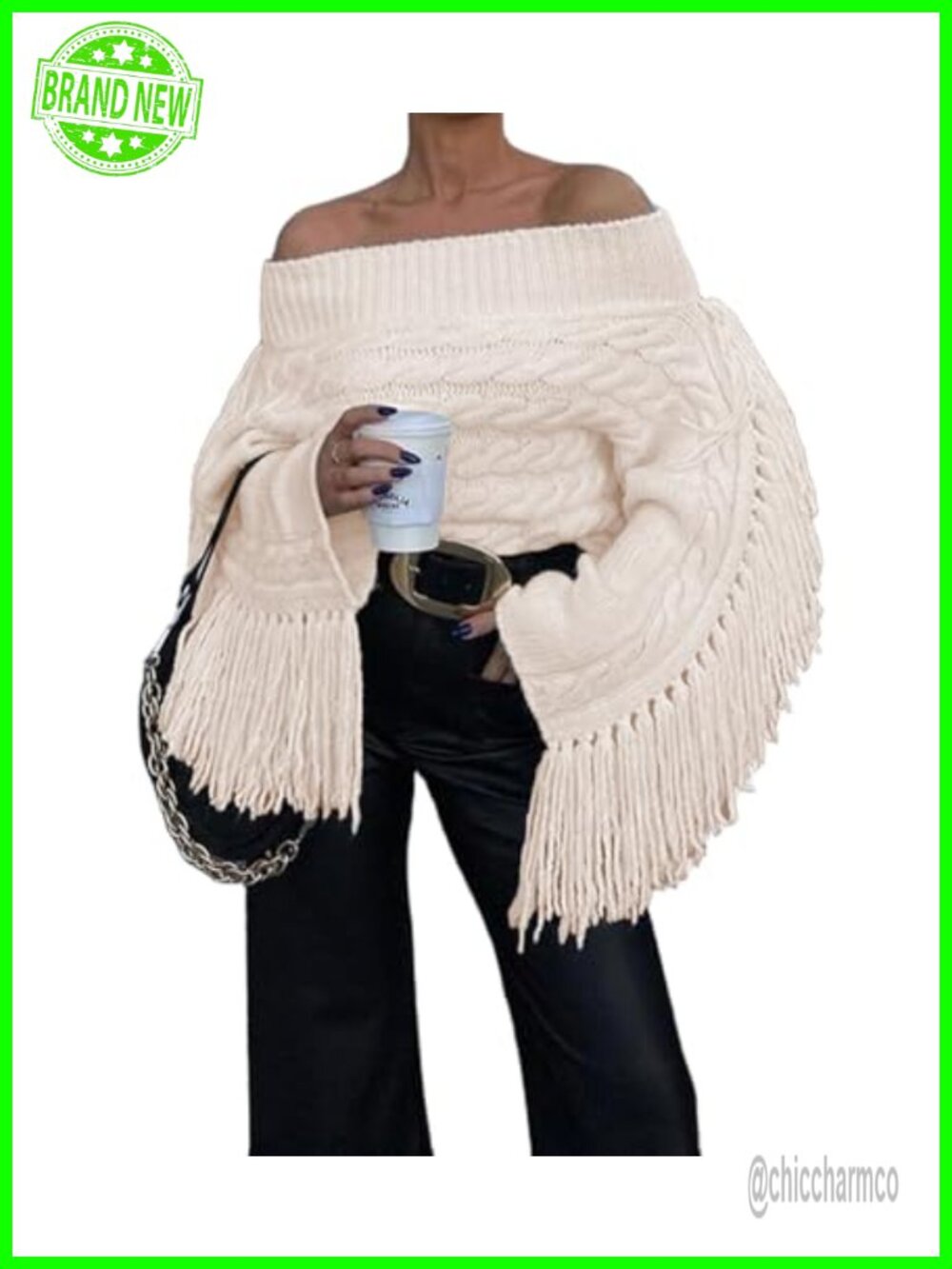 Women Off The Shoulder Fringe Cropped Sweater Long Sleeve Knit Pullover Top